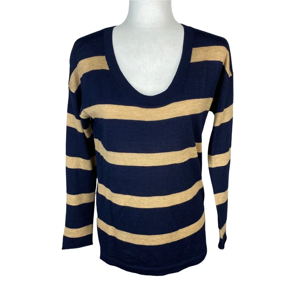 Willi Smith Merino Wool Navy Tan Striped Sweater Size Small - Picture 4 of 9